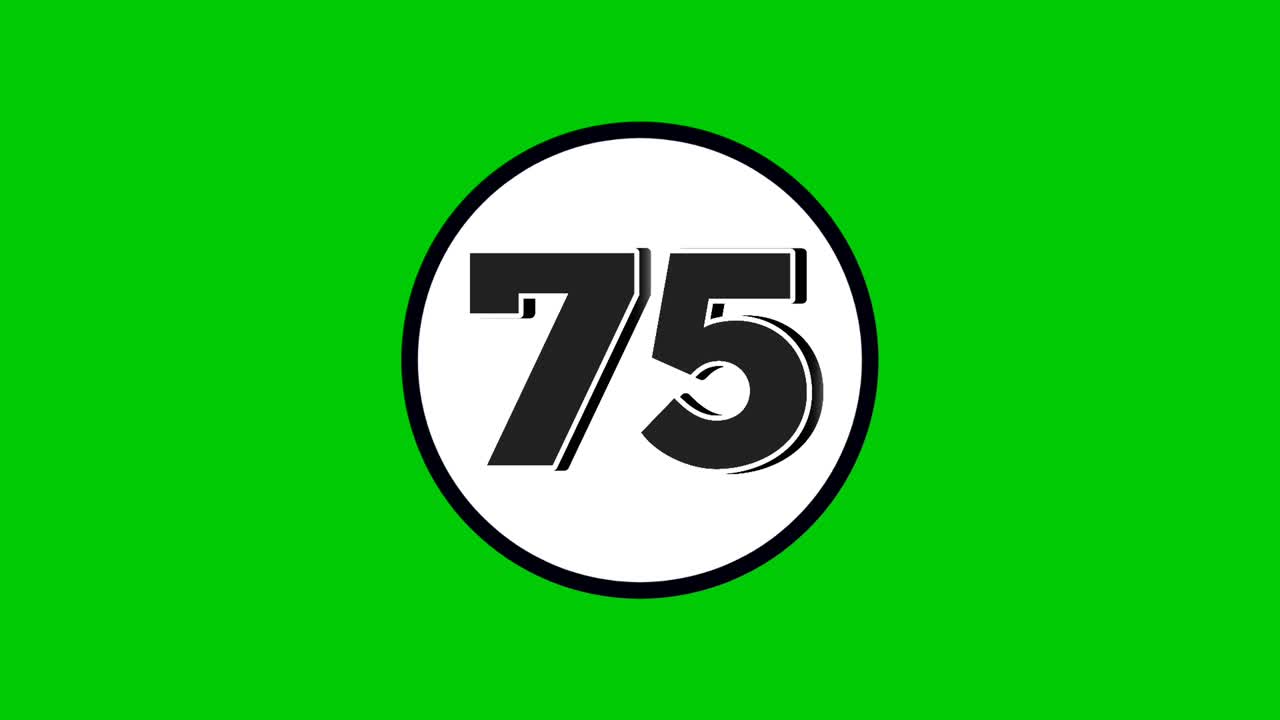 Animazione grafica in movimento del simbolo numero 75, colore nero su sfondo green screen. Numeri in cerchio bianco adatti per elementi video