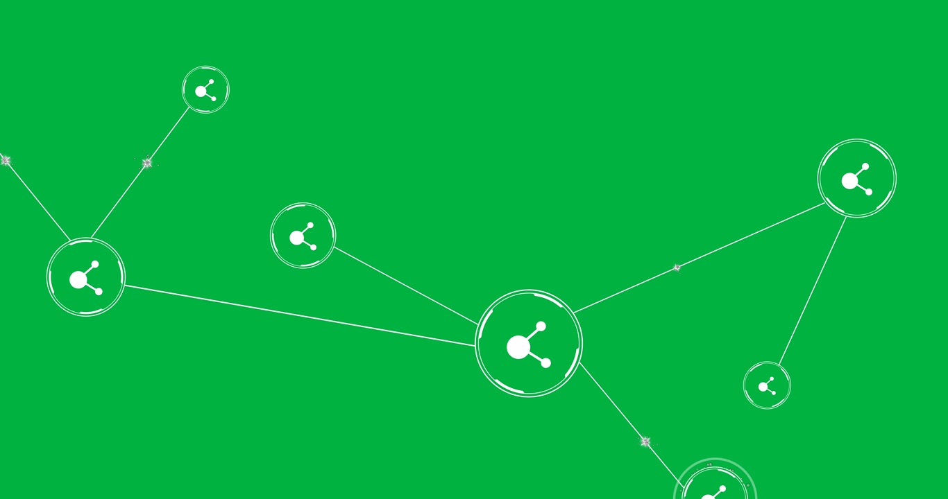 Animazione di una rete di connessioni con icone di condivisione su sfondo trasparente.