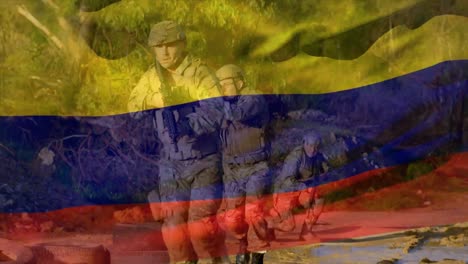 Animation-of-flag-of-colombia-over-diverse-male-soldiers-walking-with-weapon