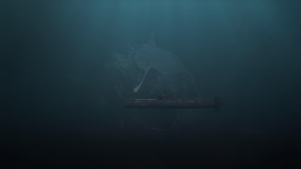 подводный снимок подводной лодки, перед которым виднеется огромный левиафан - рыба, готовая к атаке