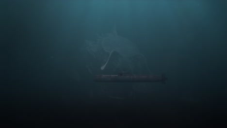 underwater shot of a submarine before revealing a massive leviathan of a fish ready to attack