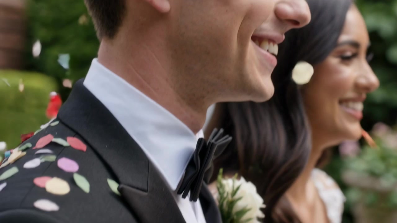 Sposi sorridenti che posano in giardino mentre petali che cadono si posano su smoking, abito di pizzo e bouquet.