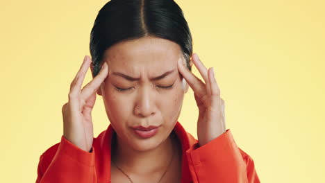 asian woman, headache and studio with stress