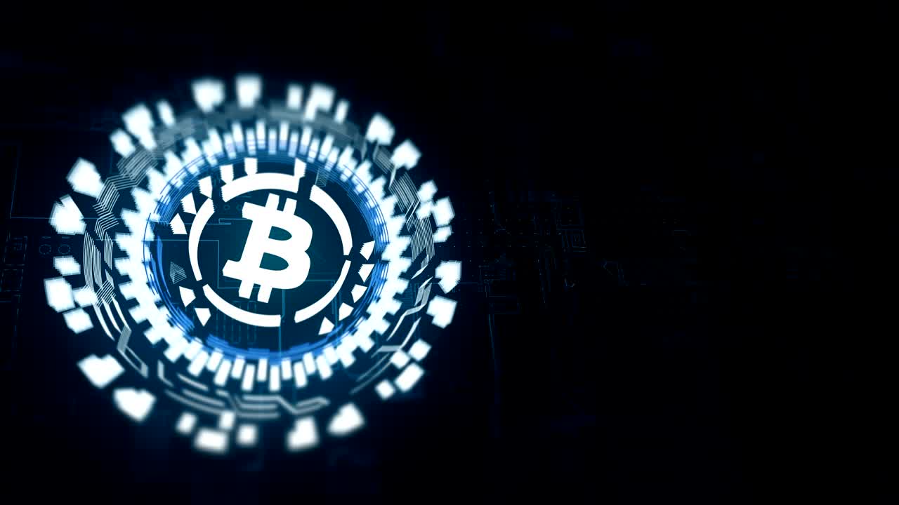 holograma circular azul girando el bitcoin