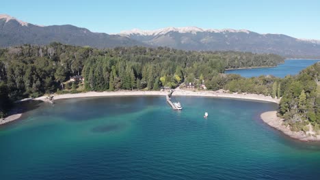 bahia brava aerial of aqua lago nahuel huapi in villa la angostura, argentina