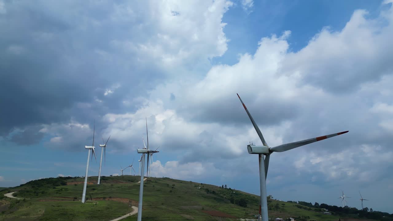 Aerial view of wind turbines on green hills in Honduras, renewable energy and sustainable development in Central America