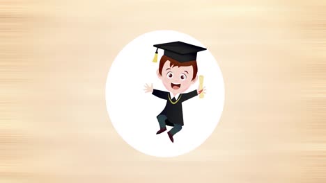 digital animation of graduated boy icon over white circular banner against yellow background