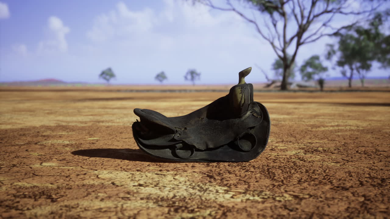 Classic cowboy saddle resting on sun drenched earth of desolate landscape