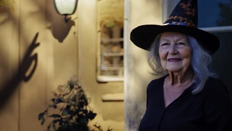 a smiling woman dressed as a witch for halloween