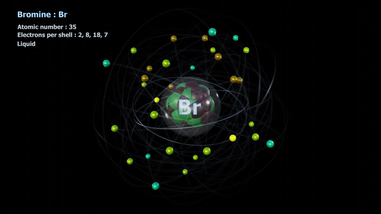 Atom of Bromine with 35 Electrons in infinite orbital rotation on black