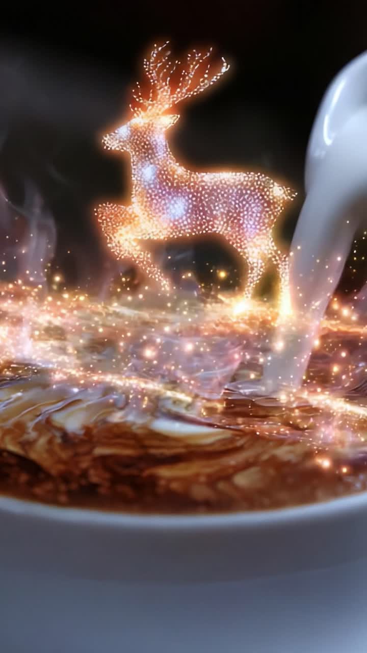 A Magical Blend: Enchanting Dairy Poured Over Delicious Chocolate, Revealing a Shimmering, Ethereal Deer Foreshadowing Celebration and Joy, Bringing Whimsical Delight to Every Sip and Bite