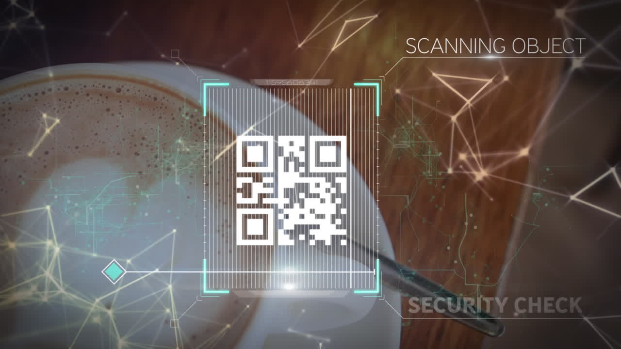 Animation of QR code with multiple shapes made of connections over cup of coffe