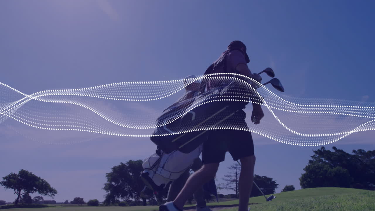 Golfer pulling golf trolley while caddy walking course, featuring dotted wave overlay for marketing