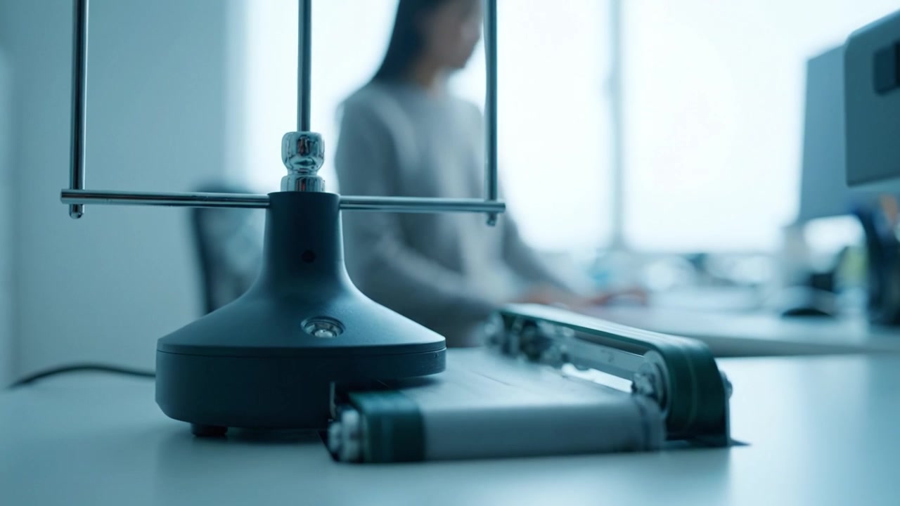 A Close-Up of a Modern Office Workspace Featuring a Specialized Device and a Person Utilizing Technology in a Bright and Minimalist Environment