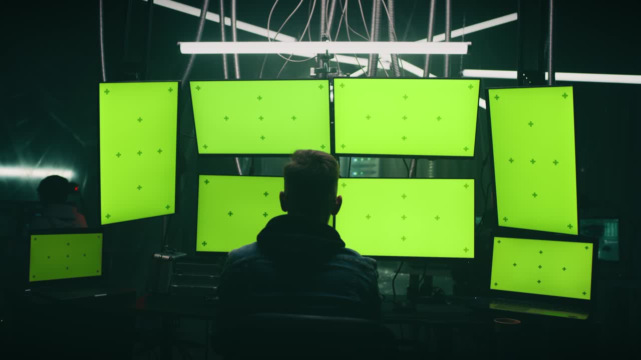 hombre realizando un ataque de hacker en una habitación oscura