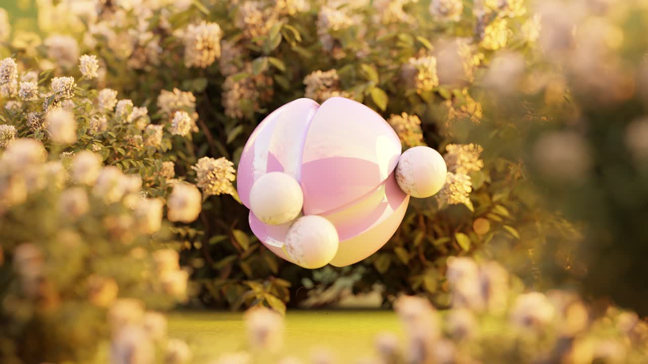 3D rendering of small marble balls rolling on smooth sphere near plants in loop