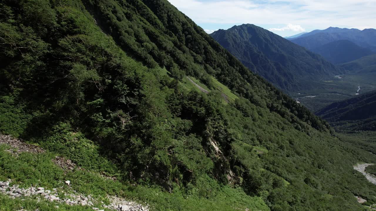 Lush Green Mt. Hotaka In Kamikochi, Nagano Prefecture, Japan - Drone Shot