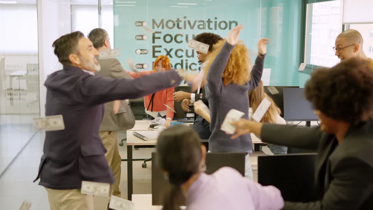 Bosses throw bills in the air while employees go wild