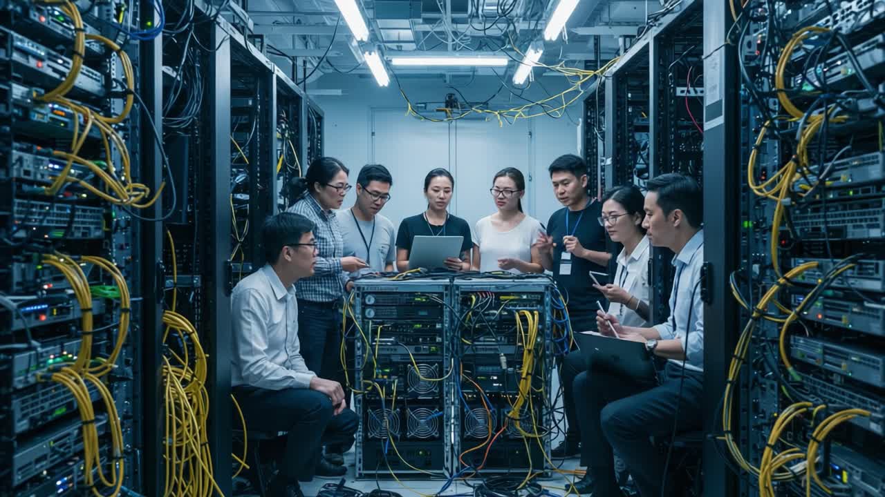 A Collaborative Team Discusses Network Infrastructure in a High-Tech Data Center, Focusing on Innovative Solutions and Enhancements for Future Technologies