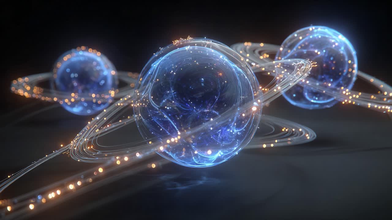 Abstract blue energy orbs containing pulsating plasma rotating slowly, encircled by ethereal rings of glowing light particles against a dark, mysterious background in a seamless loop animation