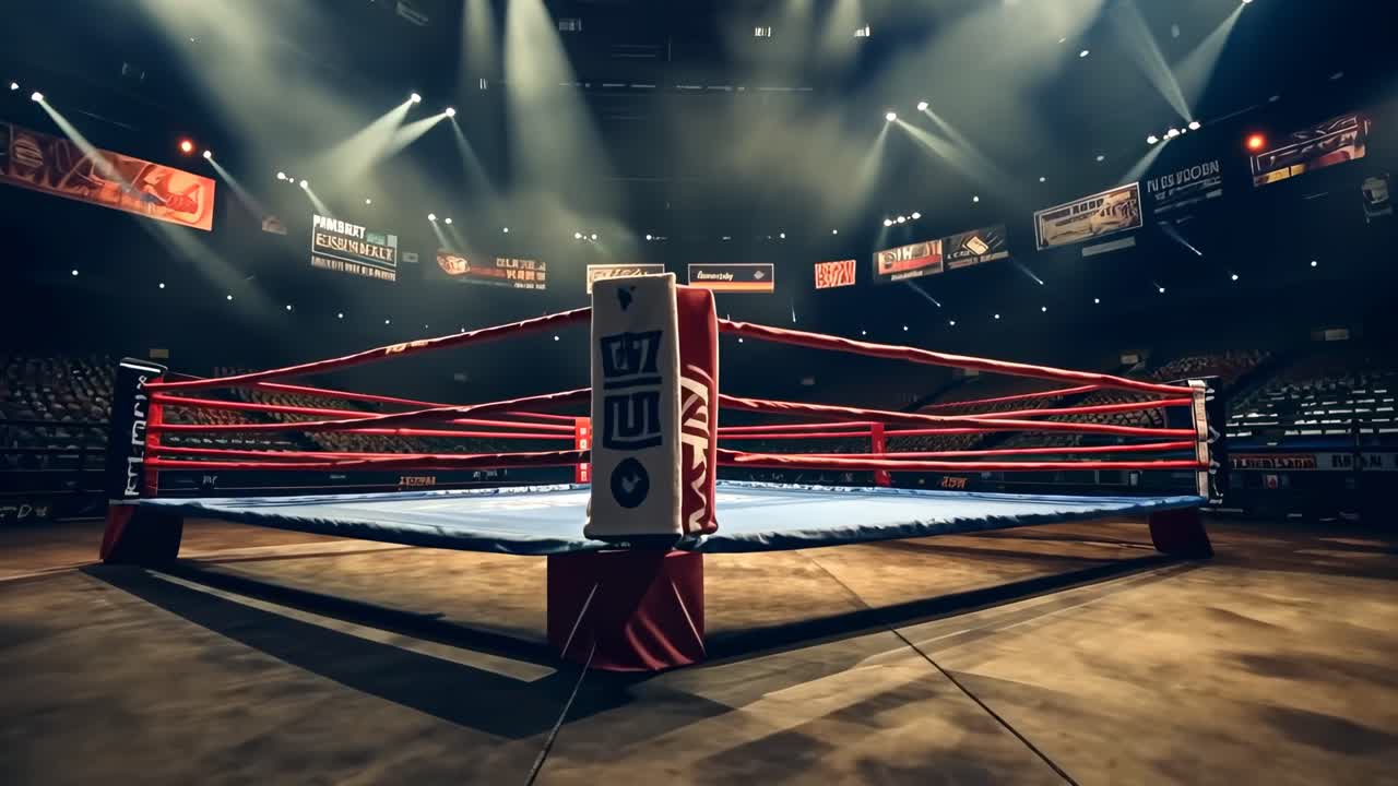 Espectacular toma gran angular de un ring de boxeo vacío bajo los focos en un estadio con poca luz