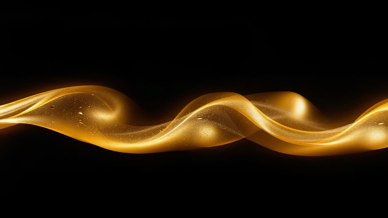 Emerging luminous golden ribbon twisting toward center dark void, conveying gold flow with droplets