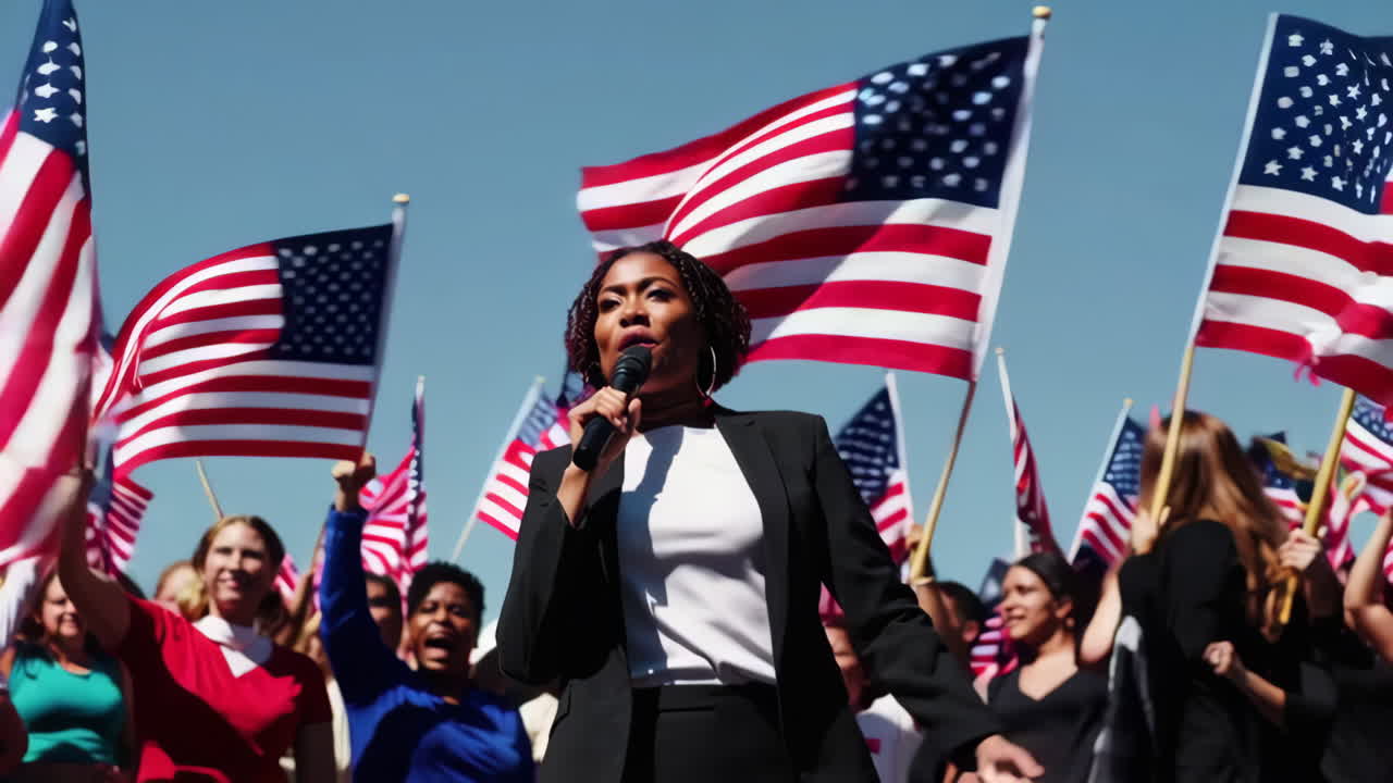 Speaker Addresses Crowd at Patriotic Rally Waving American Flags