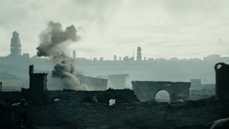 two children silhouetted against a destroyed city with smoke plumes rising from buildings in the distance