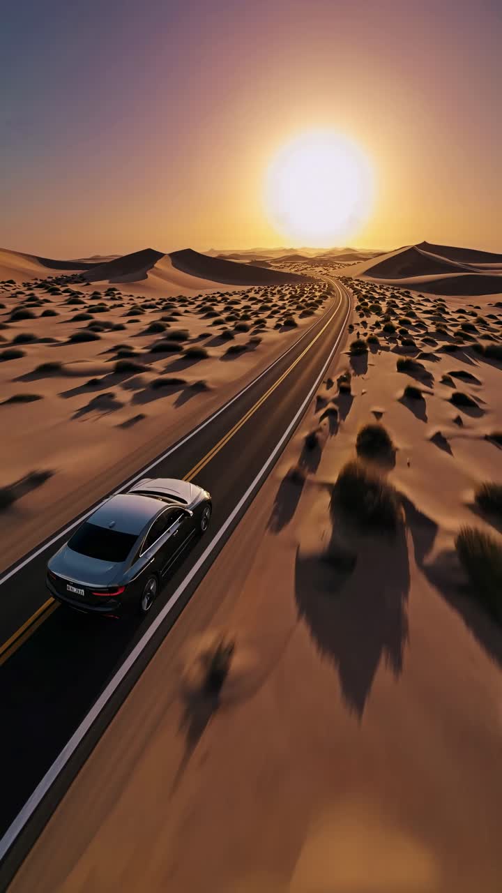 Aerial view of a car driving on a desert road at sunset, creating a cinematic video feel
