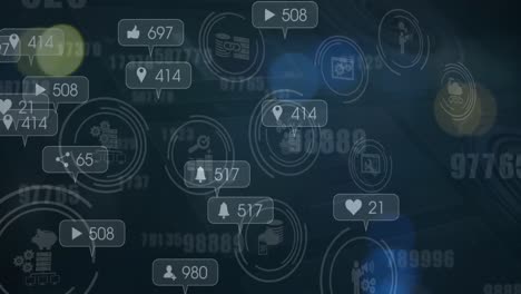 burbujas de habla con números crecientes sobre iconos digitales y puntos de luz sobre fondo azul
