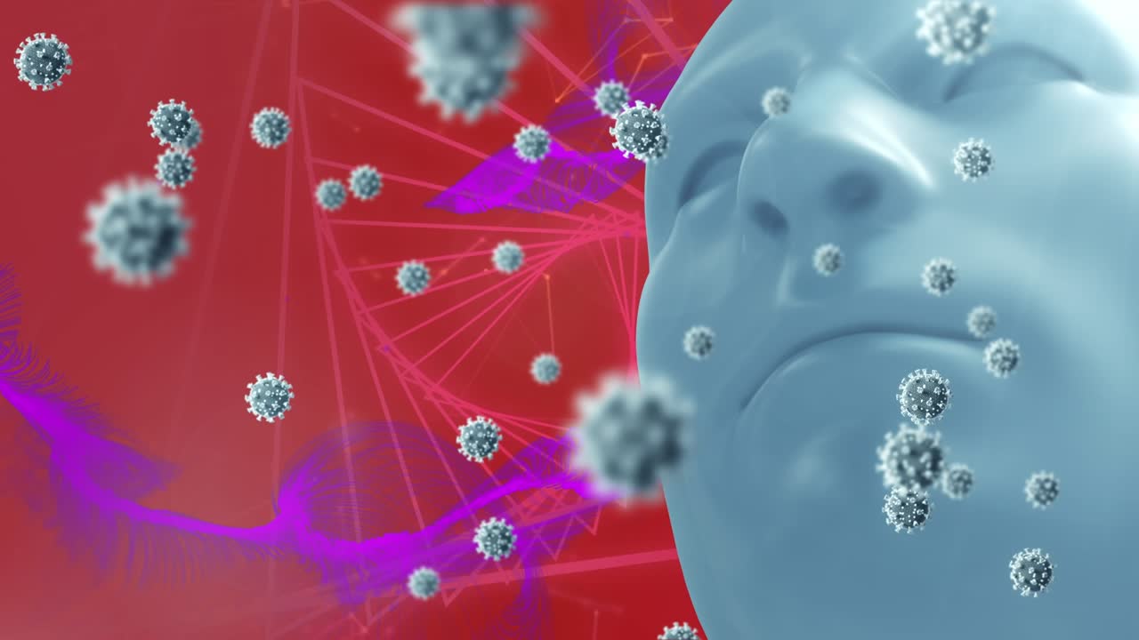Animation of virus cells over digital head and purple shapes on red background