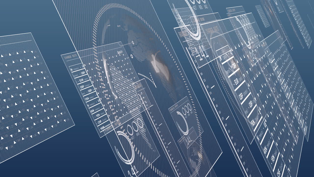 animazione di schermi con elaborazione dei dati su sfondo blu