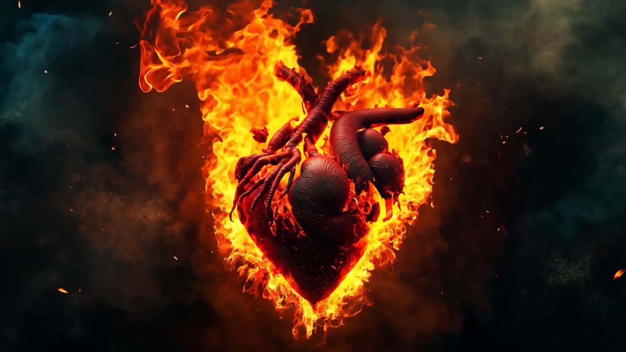 un corazón en llamas sobre un fondo negro