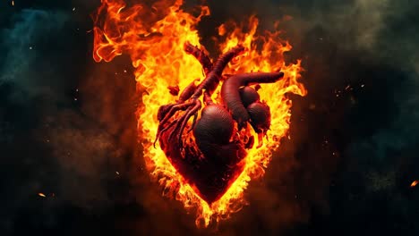 un corazón en llamas sobre un fondo negro