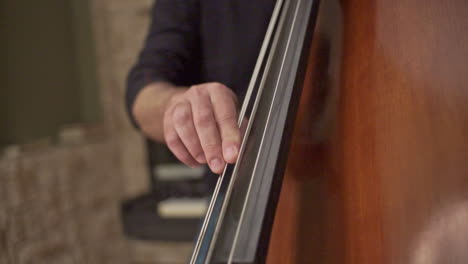 imágenes de primer plano de un músico tocando un contrabajo con palmadas en los dedos