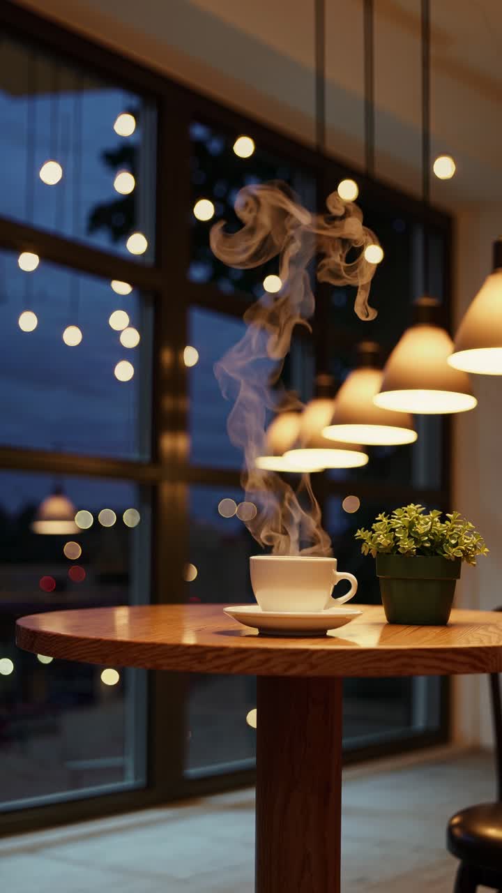 Tazza di caffè fumante su tavolo di legno in un caffè accogliente