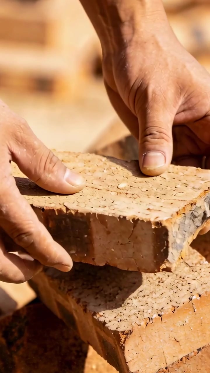 Vertical video: Entering frame tanned hands lifting clay brick at yard, stacking bricks for storage
