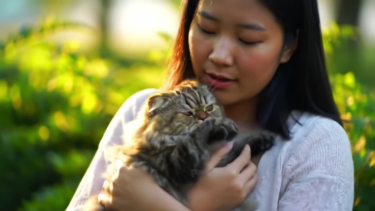 A Heartwarming Moment: An Enchanting Bond Between a Woman and Her Adorable Cat Amidst Nature's Warm Embrace