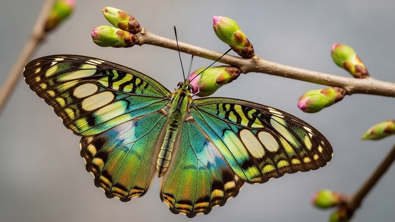 Una straordinaria esibizione morfologica della farfalla iridescente posata su delicati boccioli, che mostra colori vivaci e motivi intricati in un ambiente naturale