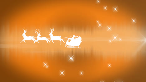 Animation-Des-Weihnachtsmannschlittens-über-Sternen-Auf-Orangefarbenem-Hintergrund