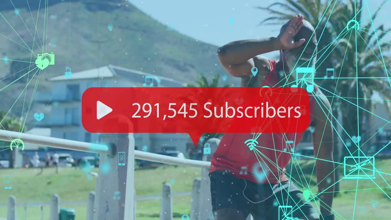 animación de una red de conexiones sobre un hombre afroamericano mayor cansado en la playa