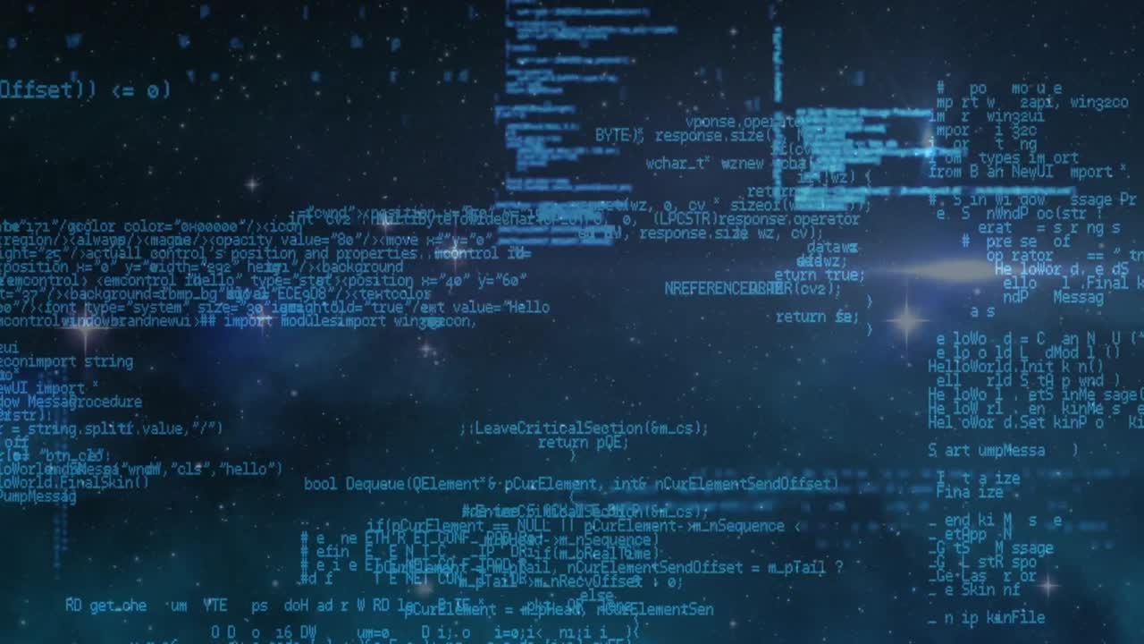 추상적인 배경에 대한 렌즈 플레어와 별에 대한 컴퓨터 언어의 애니메이션