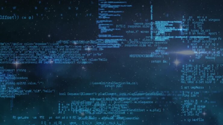 Animation of computer language over lens flares and stars against abstract background
