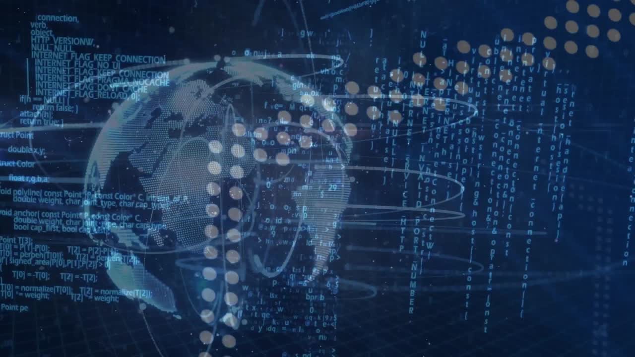 Animation of data processing and light trails over spinning globe against blue background