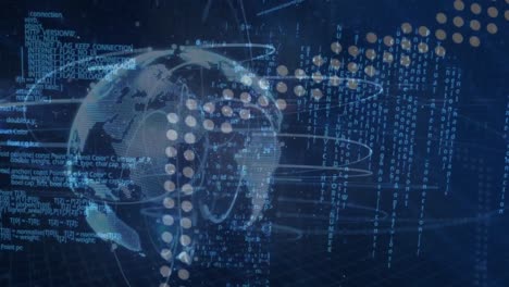 animation of data processing and light trails over spinning globe against blue background