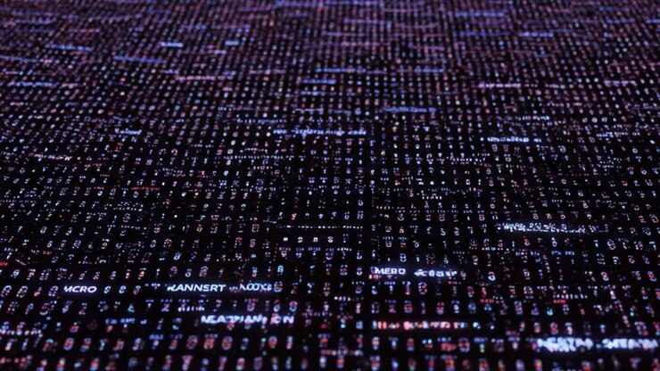 Dynamiczna wizualizacja strumieni danych przedstawiająca abstrakcyjne wzory cyfrowe w rozległej matrycy, podkreślająca złożoność przepływu informacji i projektowania matrycy.