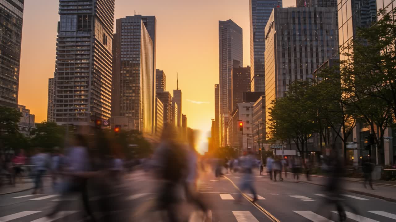 Sunset Cityscape with Crowded Streets
