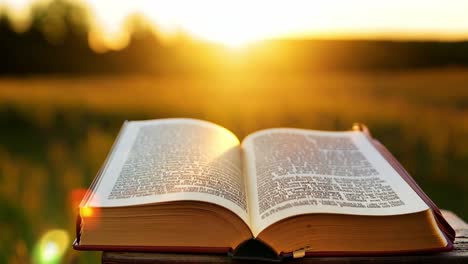 open book resting on a surface, illuminated by golden hour light filtering through the pages