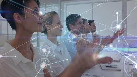 in office, business professionals discussing network connections and processing data animation