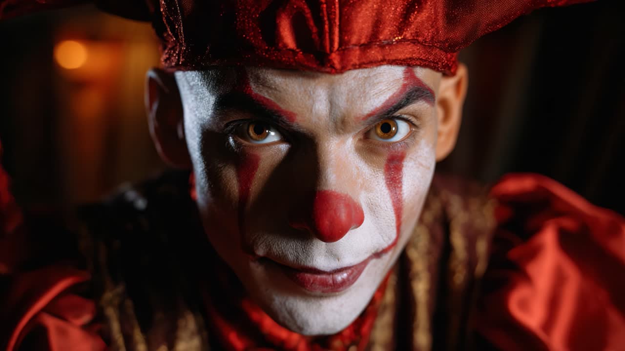 Intense Close-Up of a Menacing Clown with Bold Makeup and Distinctive Costume Captured in Two Dramatic Frames for an Eerie Effect